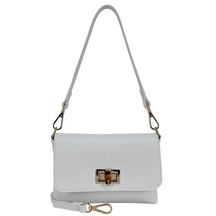 Bassini Borsa Donna Mini in Pelle Bianca con Pattina Girello Bambù e Tracolle Rimovibili
