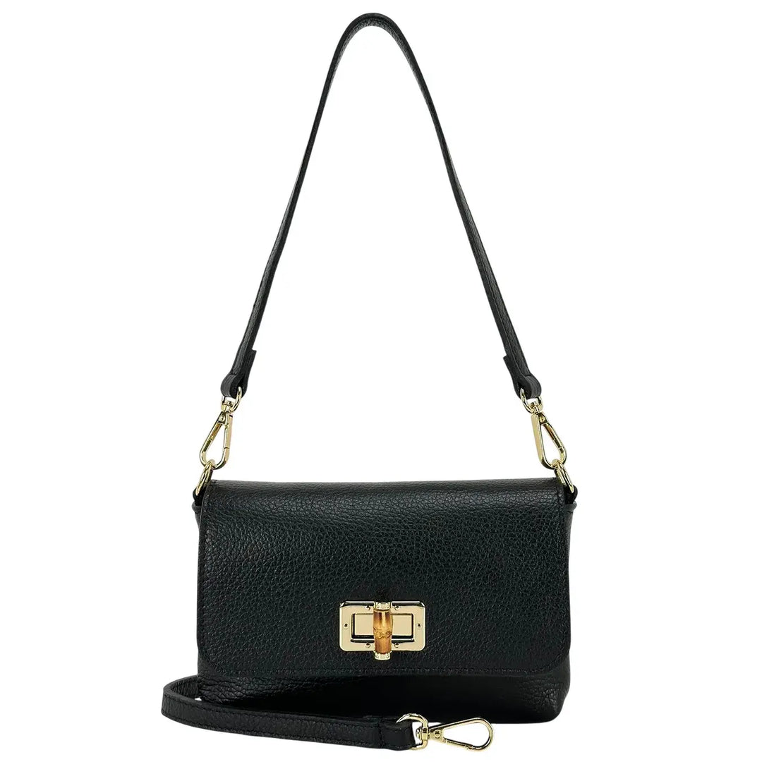Bassini Borsa Donna Mini in Pelle Nera con Pattina Chiusura Girello Bambù e Tracolla Rimovibile
