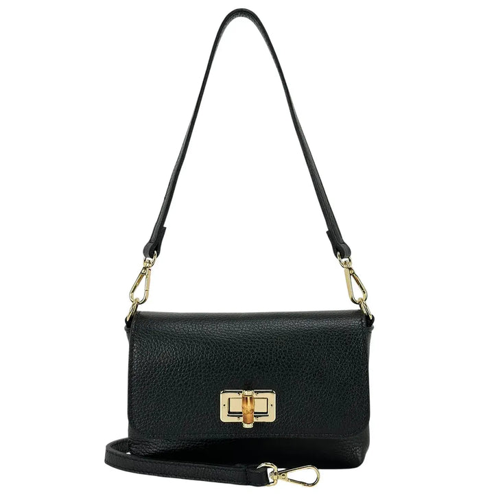 Bassini Borsa Donna Mini in Pelle Nera con Pattina Chiusura Girello Bambù e Tracolla Rimovibile