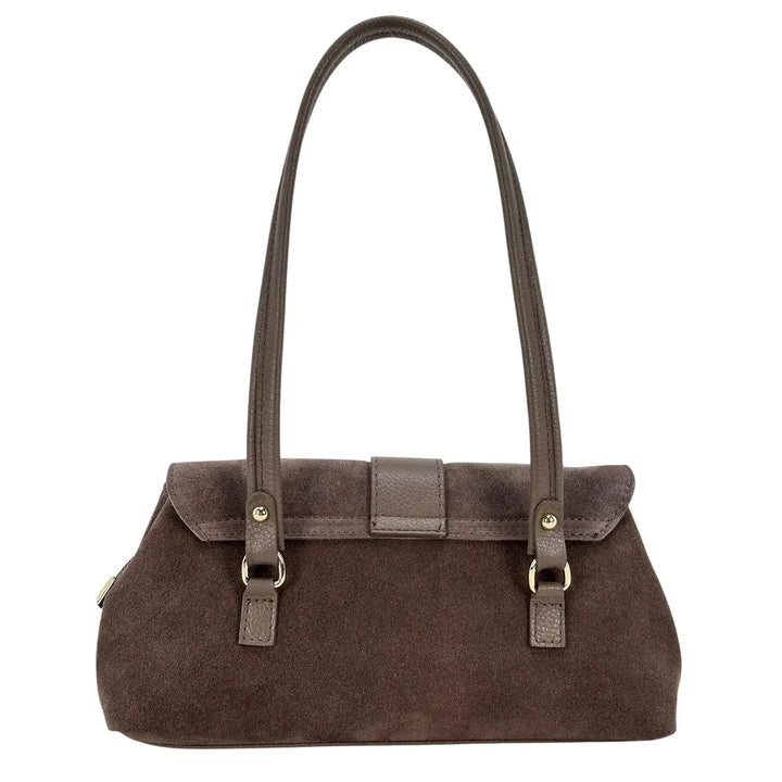 Bassini Borsa Donna in Pelle Scamosciata Taupe con Borchie Oro, Patta con Fibbia Magnetica e Tracolla Rimovibile
