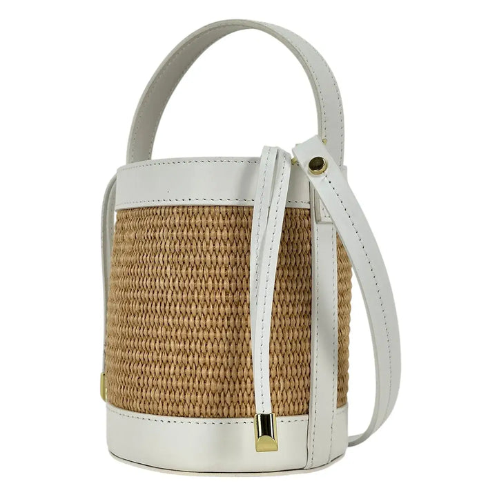 Bassini Borsa Donna Secchiello Piccola in Raffia e Pelle Bianca con Maniglia e Tracolla