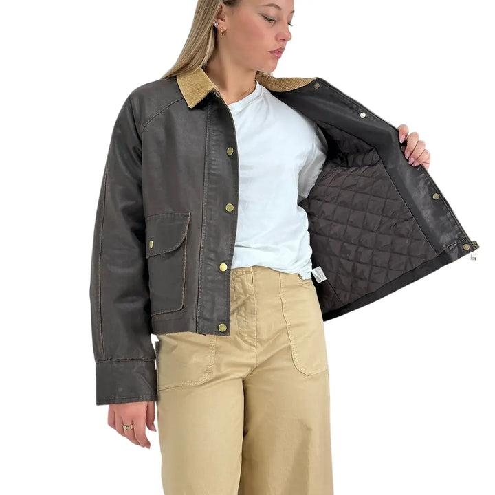 Bassini Giacca Donna Marrone Effetto Cerato Crop con Collo in Velluto Beige e Imbottitura