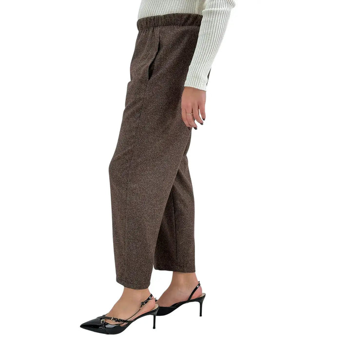 Bassini Pantaloni Donna Marrone Melange Dritti con Elastico in Vita e Tasche Laterali
