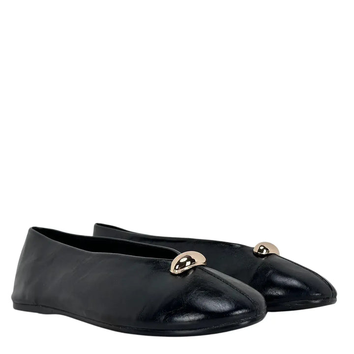 Bassini Ballerine Donna Nere in Ecopelle Effetto Used con Punta Tonda e Accessorio Oro