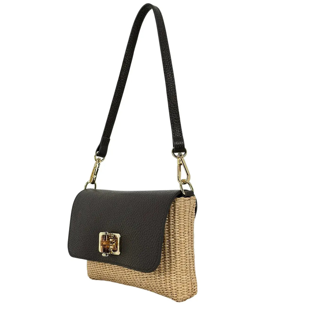 Bassini Borsa Donna Piccola in Raffia e Pelle Marrone con Tracolla Rimovibile e Girello Bambù