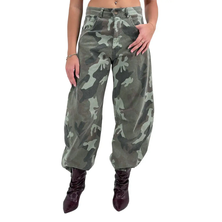 Bassini Pantaloni Donna Verde Camouflage Balloon Fit con Chiusura con Zip
