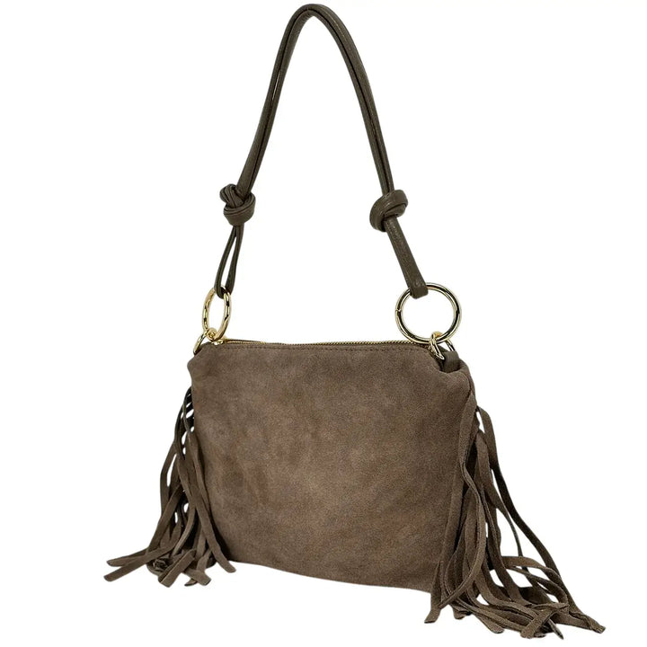 Bassini Borsa Donna in Pelle Scamosciata Taupe con Frange Laterali e Tracolla Intercambiabile