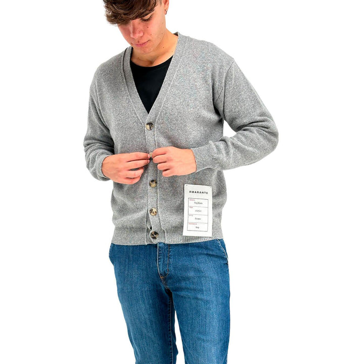 Amaránto Maglia Cardigan Uomo, Scollo a V, Basic, Lana, Grigio