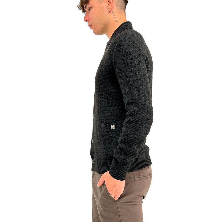 BL.11 Block Eleven Men's Sweater, Cardigan, Classic Collar, Wool, Black