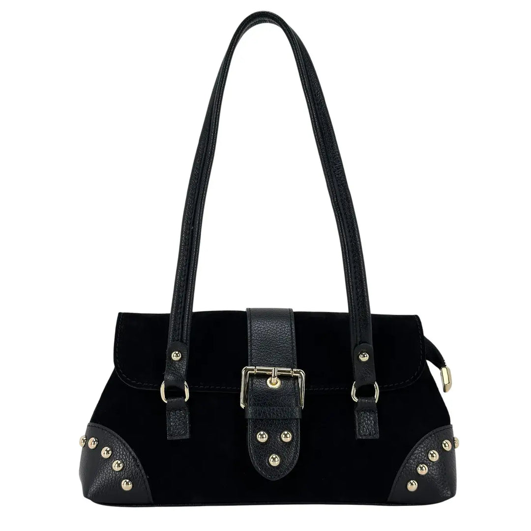 Bassini Borsa Donna in Pelle Scamosciata Nera con Borchie Oro, Patta con Fibbia Magnetica e Tracolla Rimovibile