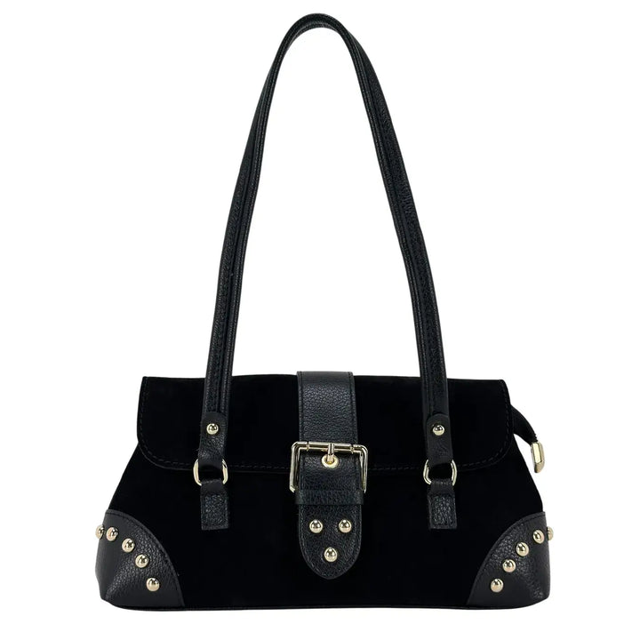Bassini Borsa Donna in Pelle Scamosciata Nera con Borchie Oro, Patta con Fibbia Magnetica e Tracolla Rimovibile