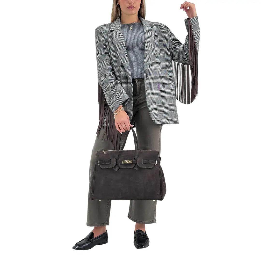 Bassini Giacca Donna Grigia Principe di Galles Oversize con Frange Marroni