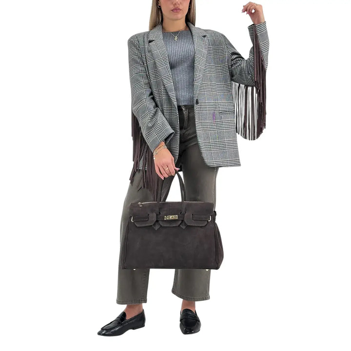Bassini Giacca Donna Grigia Principe di Galles Oversize con Frange Marroni