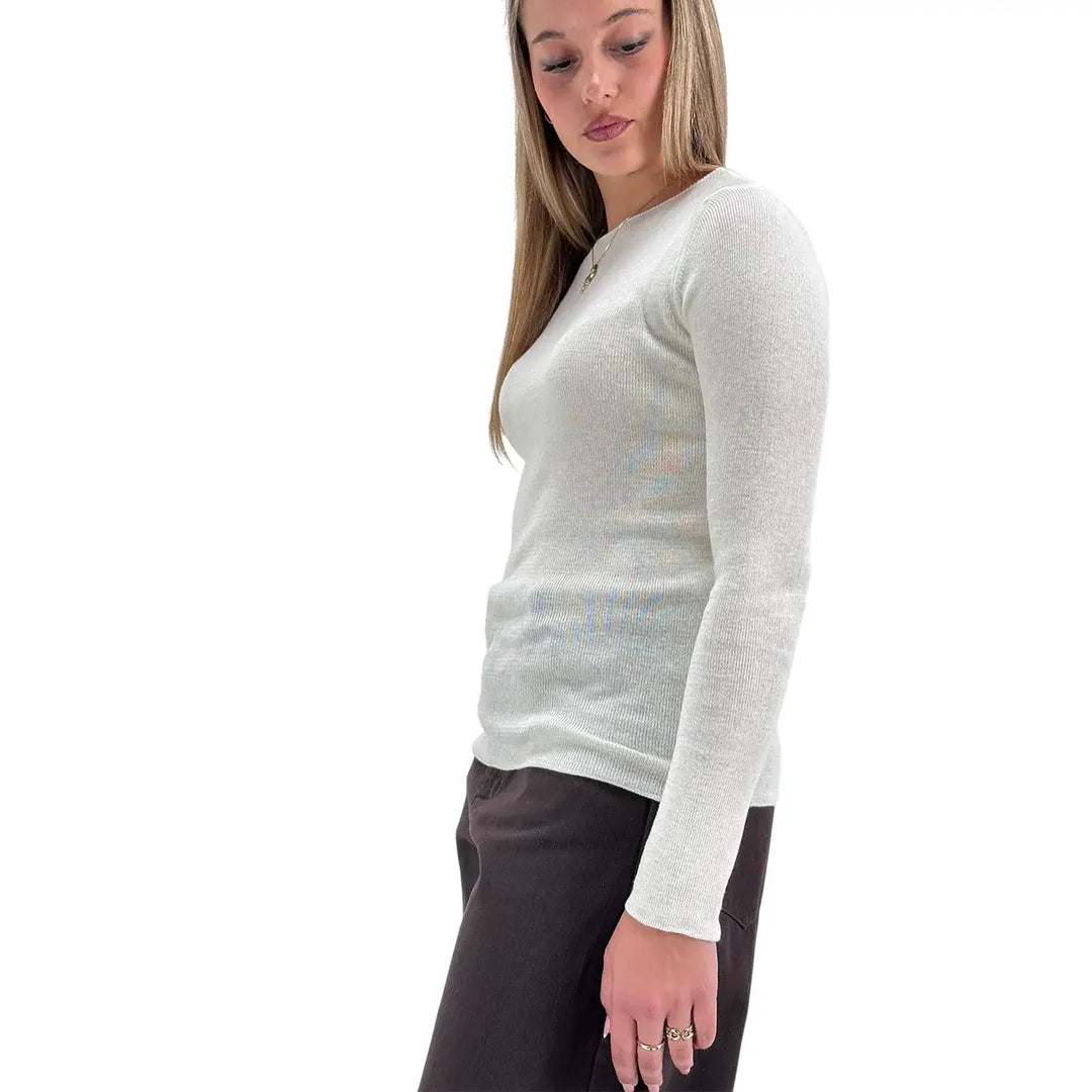 Bassini Maglia Donna Avorio a Micro Costine con Girocollo e Maniche Lunghe