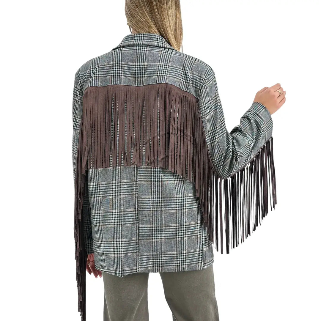 Bassini Giacca Donna Grigia Principe di Galles Oversize con Frange Marroni