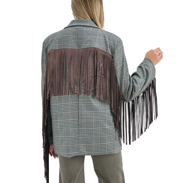 Bassini Giacca Donna Grigia Principe di Galles Oversize con Frange Marroni