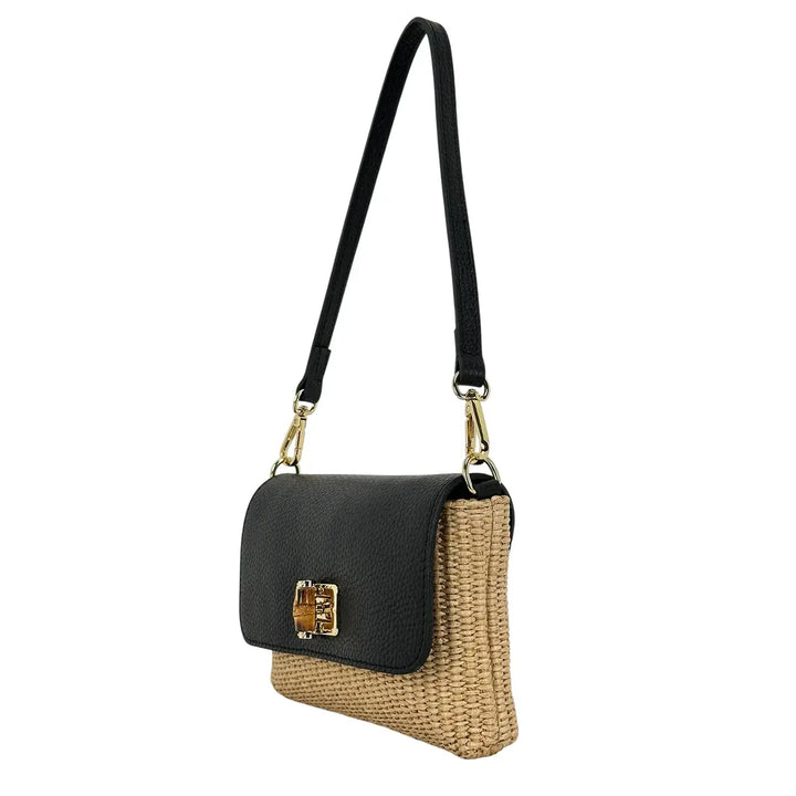 Bassini Borsa Donna Piccola in Raffia e Pelle Nera con Tracolla Rimovibile e Girello Bambù