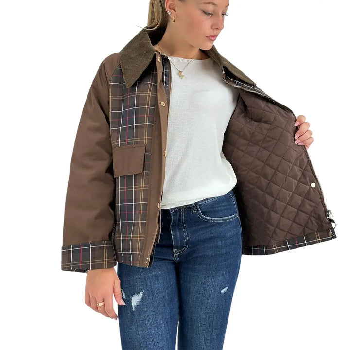 Bassini Giacca Donna Marrone Check con Collo in Velluto Oliva e Tasche con Zip