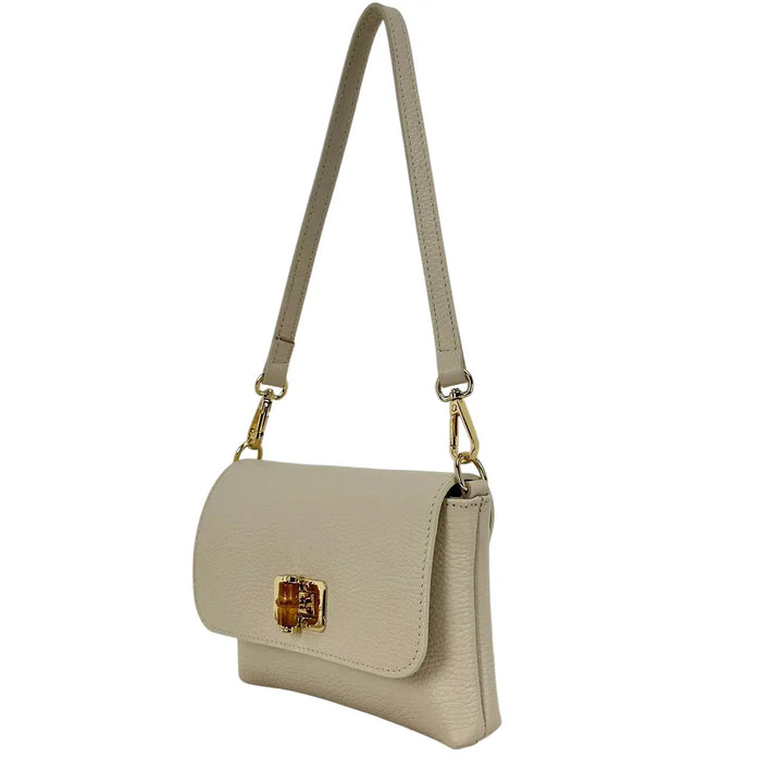 Bassini Borsa Donna Mini in Pelle Beige con Pattina Girello Bambù e Tracolla Rimovibile