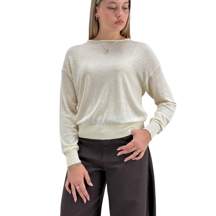 Bassini Maglia Donna Avorio Crop Over con Girocollo Orlato e Maniche Lunghe