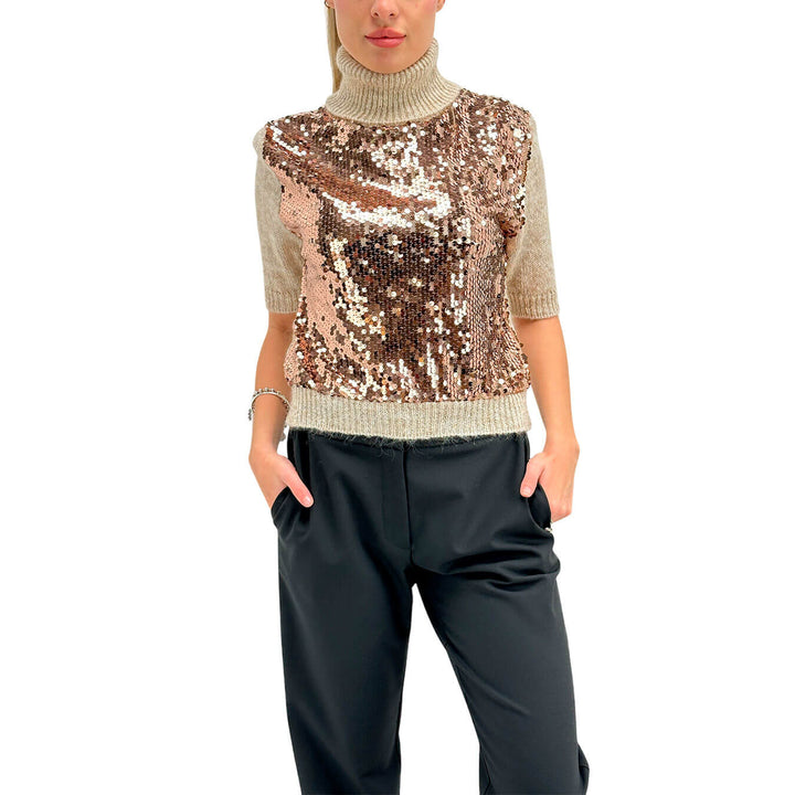 Kontatto Maglia Donna, Dolcevita, Collo Alto, Palliettes, Beige