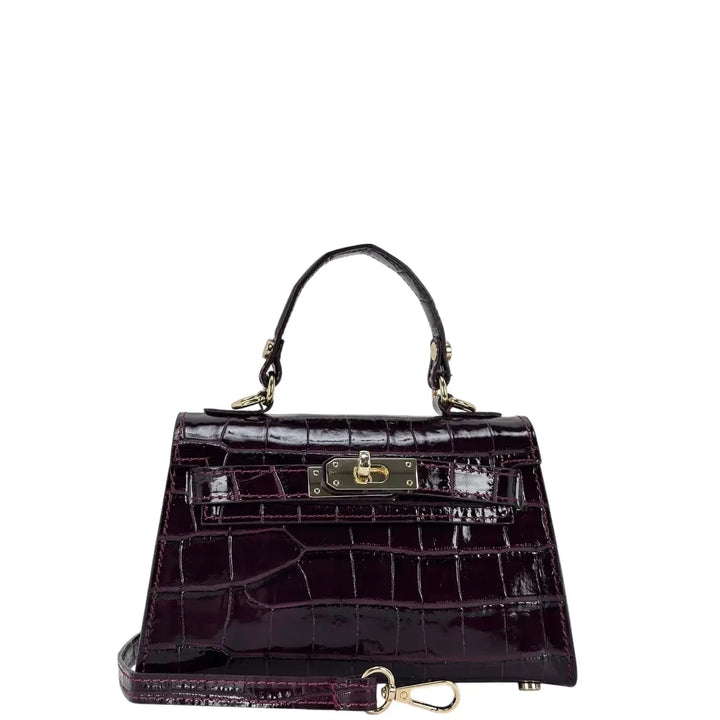 Bassini Borsa Donna Piccola in Pelle Bordeaux Stampa Cocco con Maniglia Centrale e Tracolla Rimovibile
