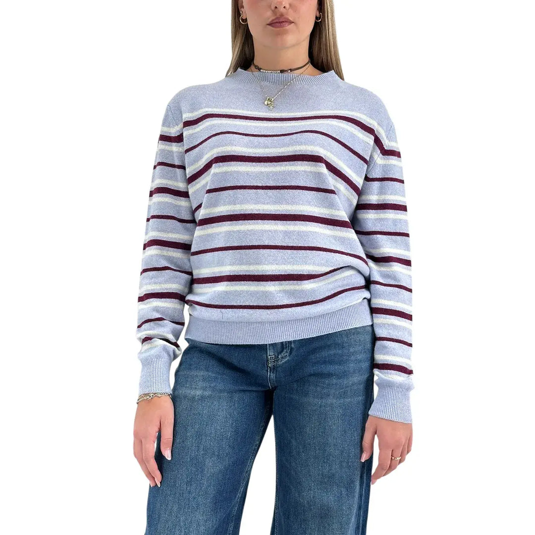 Bassini Maglia Donna Celeste a Righe Borgogna e Bianco Girocollo Oversize