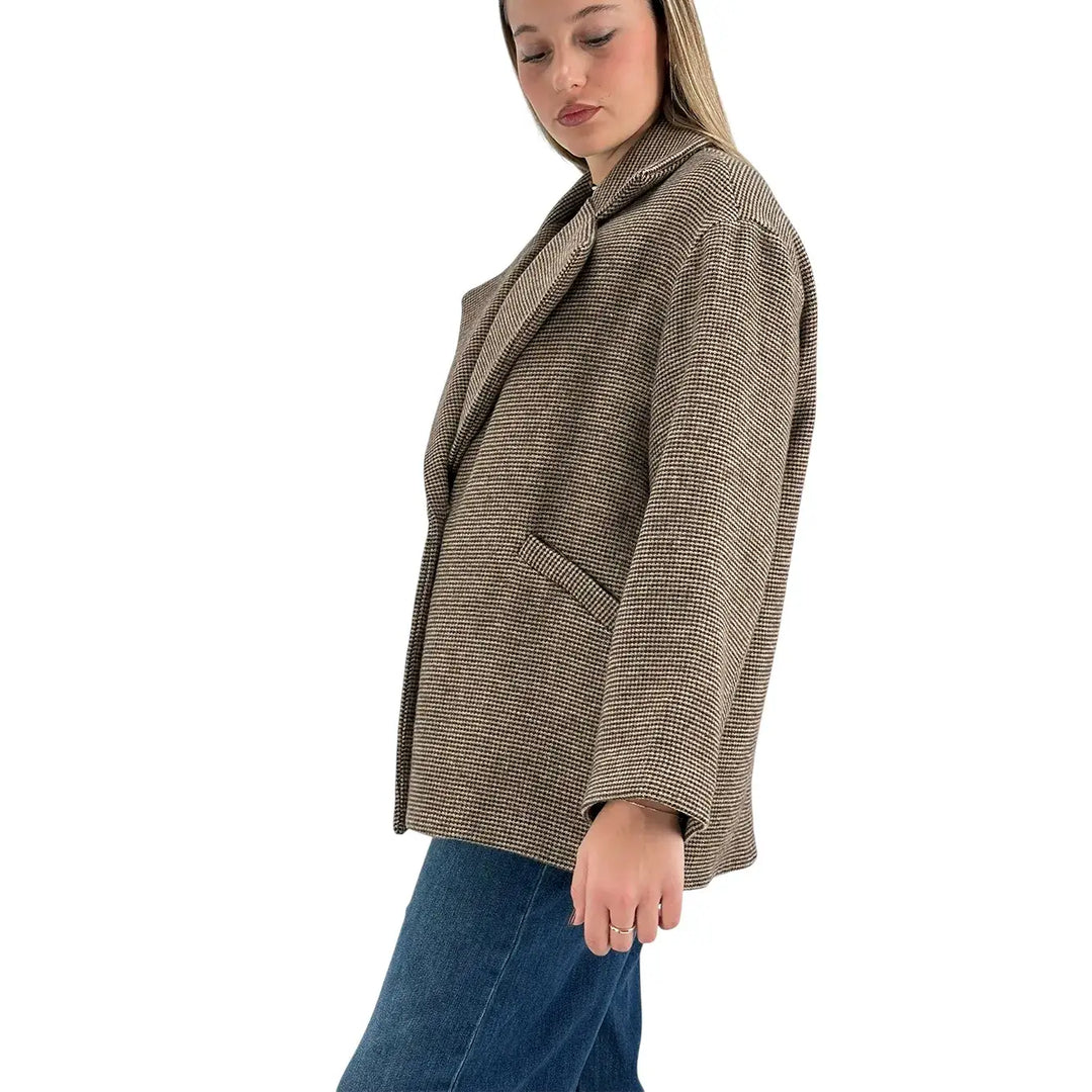 Bassini Cappottino Donna Corto Beige e Marrone Micro Pied de Poule Oversize con Un Bottone
