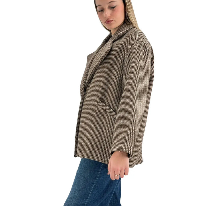 Bassini Cappottino Donna Corto Beige e Marrone Micro Pied de Poule Oversize con Un Bottone