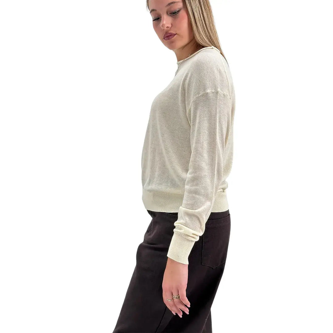Bassini Maglia Donna Avorio Crop Over con Girocollo Orlato e Maniche Lunghe