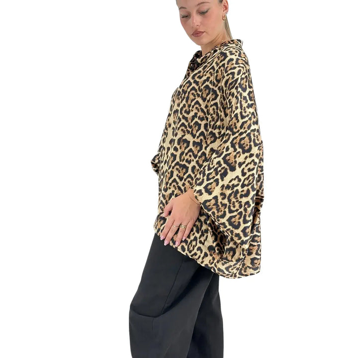 Bassini Camicia Donna Maculata Oversize con Maniche a Pipistrello e Collo alla Coreana