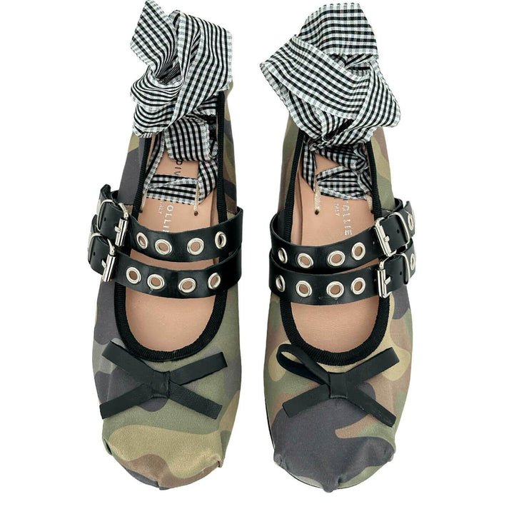 Divine Follie Women's Shoes, Ballerina, Ankle Laces, Leather, Camouflage