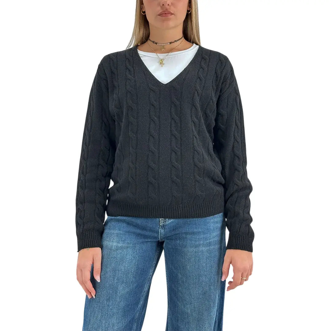 Bassini Maglia Donna Nera a Treccia con Scollo a V e Maniche Raglan Oversize