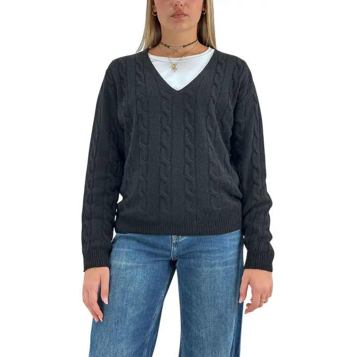 Bassini Maglia Donna Nera a Treccia con Scollo a V e Maniche Raglan Oversize