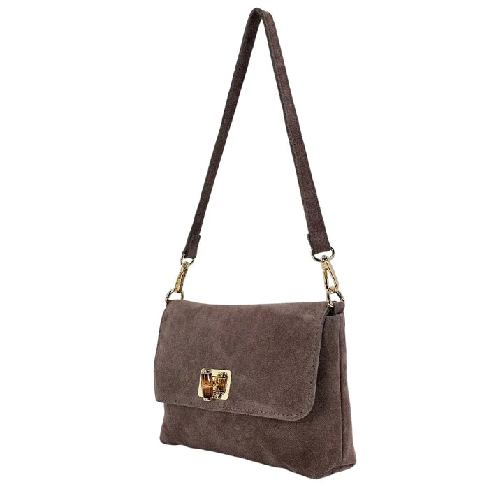 Bassini Borsa Donna in Pelle Scamosciata Taupe con Pattina e Girello in Bambù e Tracolla Rimovibile