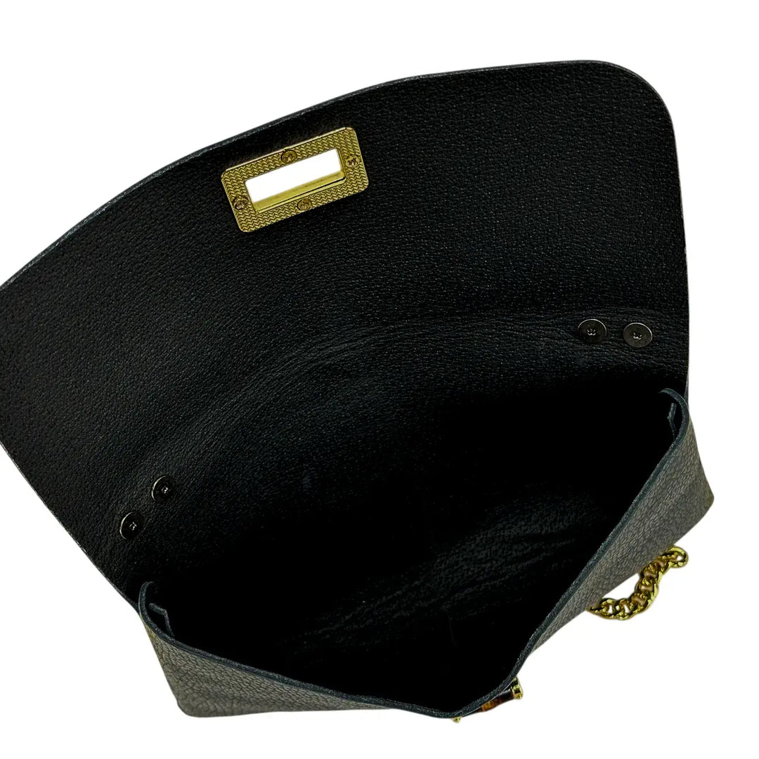 Bassini Borsa Donna Piccola in Pelle Nera con Tracolla Catena Oro e Chiusura Girello Bambù