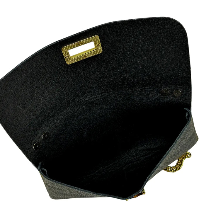Bassini Borsa Donna Piccola in Pelle Nera con Tracolla Catena Oro e Chiusura Girello Bambù