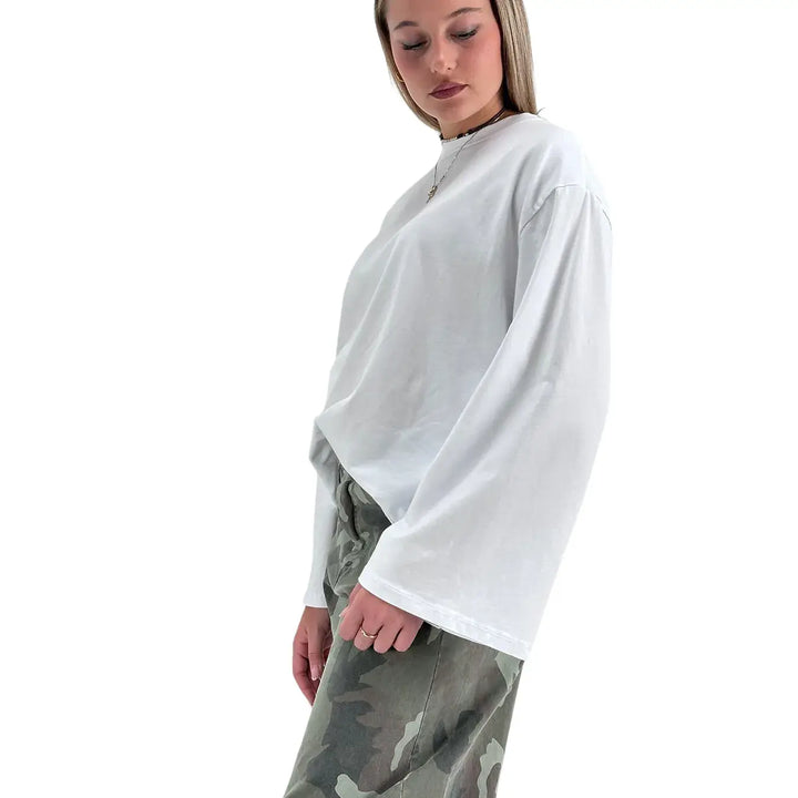 Bassini T-Shirt Donna Bianca Oversize con Maniche Lunghe a Campana e Girocollo