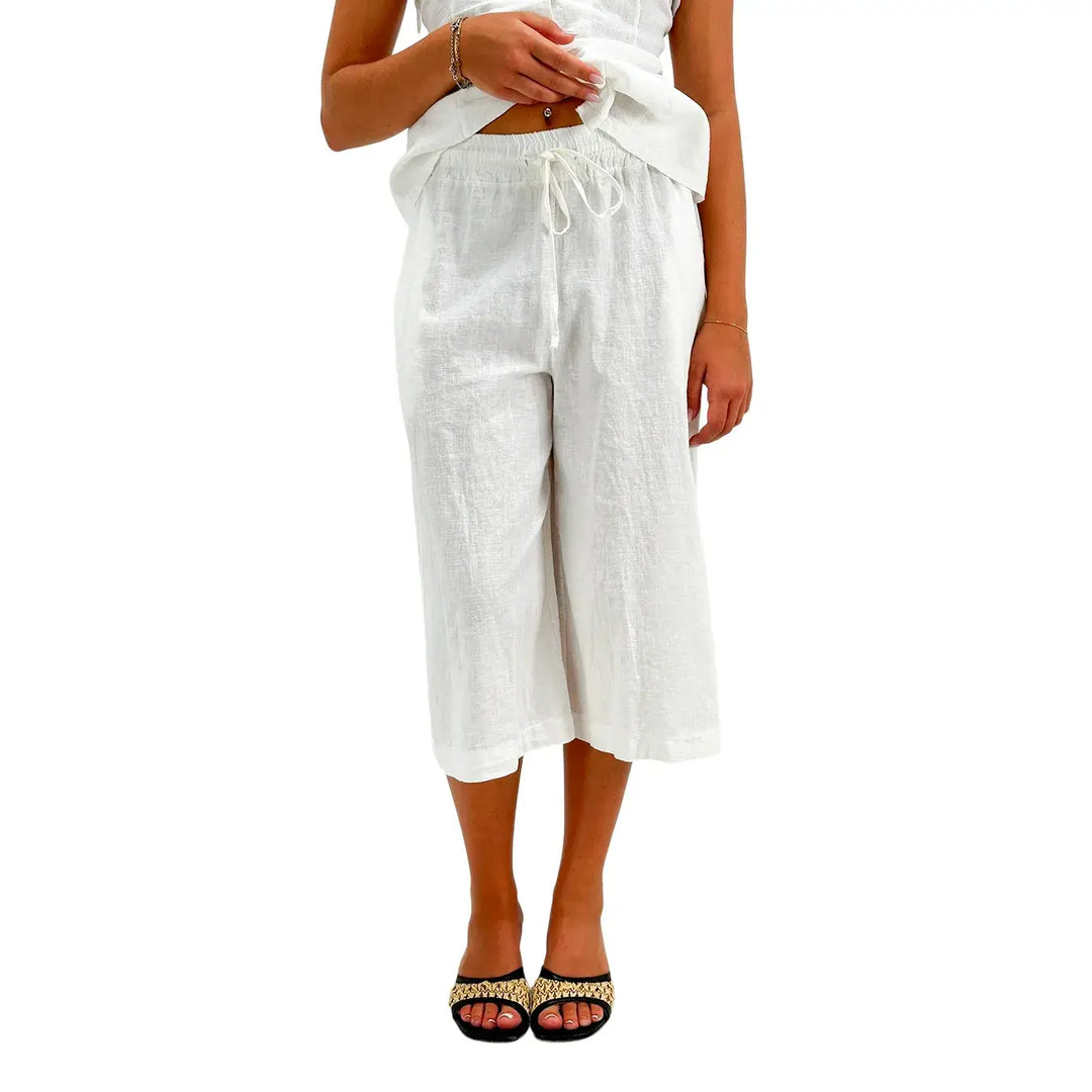 Bassini Bermuda Donna Bianco in Lino e Cotone con Elastico e Coulisse in Vita