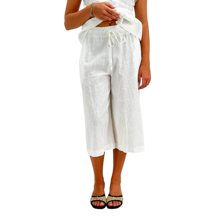 Bassini Bermuda Donna Bianco in Lino e Cotone con Elastico e Coulisse in Vita