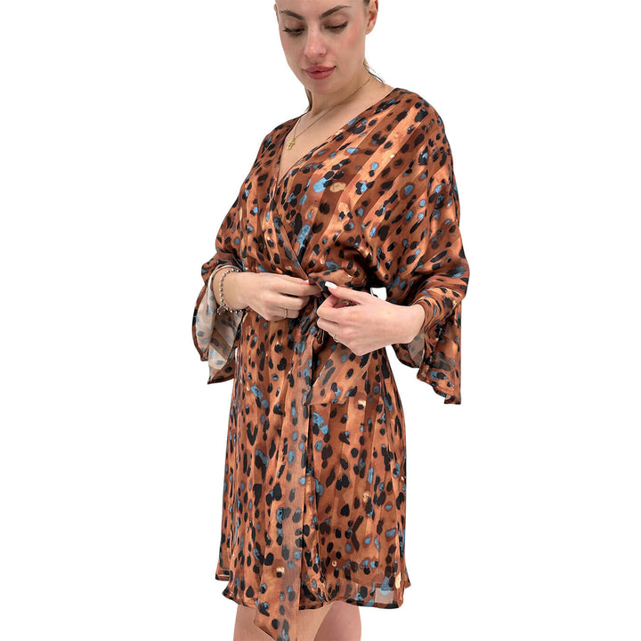 Koralline Abito Donna, Modello Kimono, Animalier, Marrone