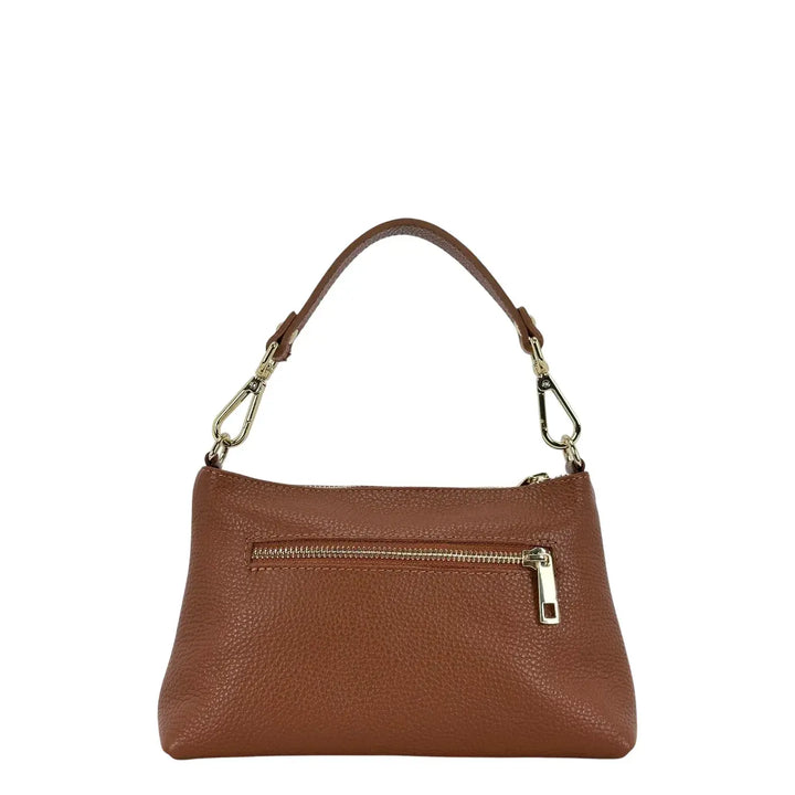 Bassini Borsa Donna Piccola in Pelle Cuoio con Doppia Tracolla e Accessorio Metallico