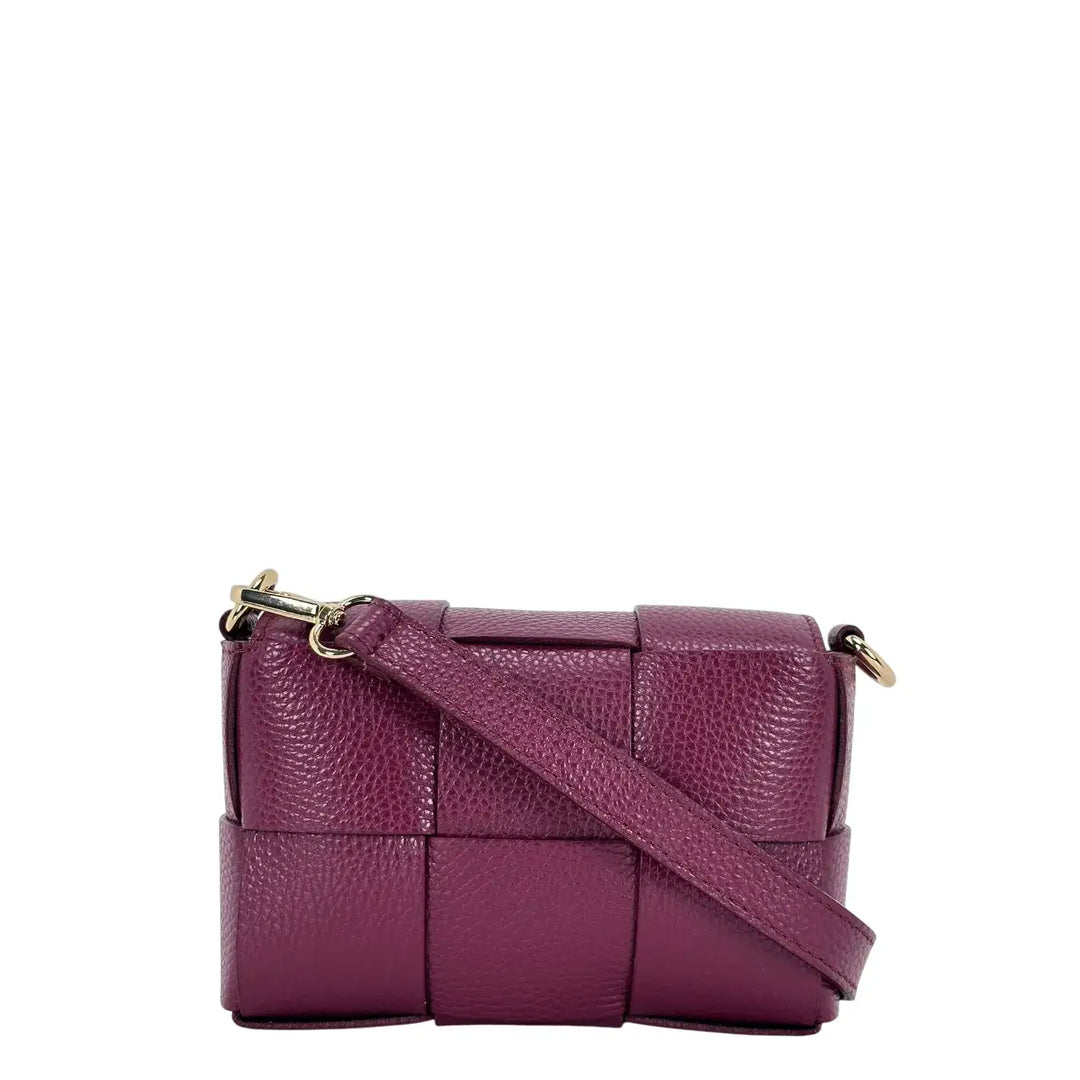Bassini Borsa Donna Piccola in Pelle Burgundi Intrecciata con Tracolla Rimovibile e Patta Magnetica
