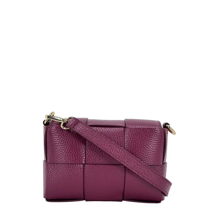Bassini Borsa Donna Piccola in Pelle Burgundi Intrecciata con Tracolla Rimovibile e Patta Magnetica