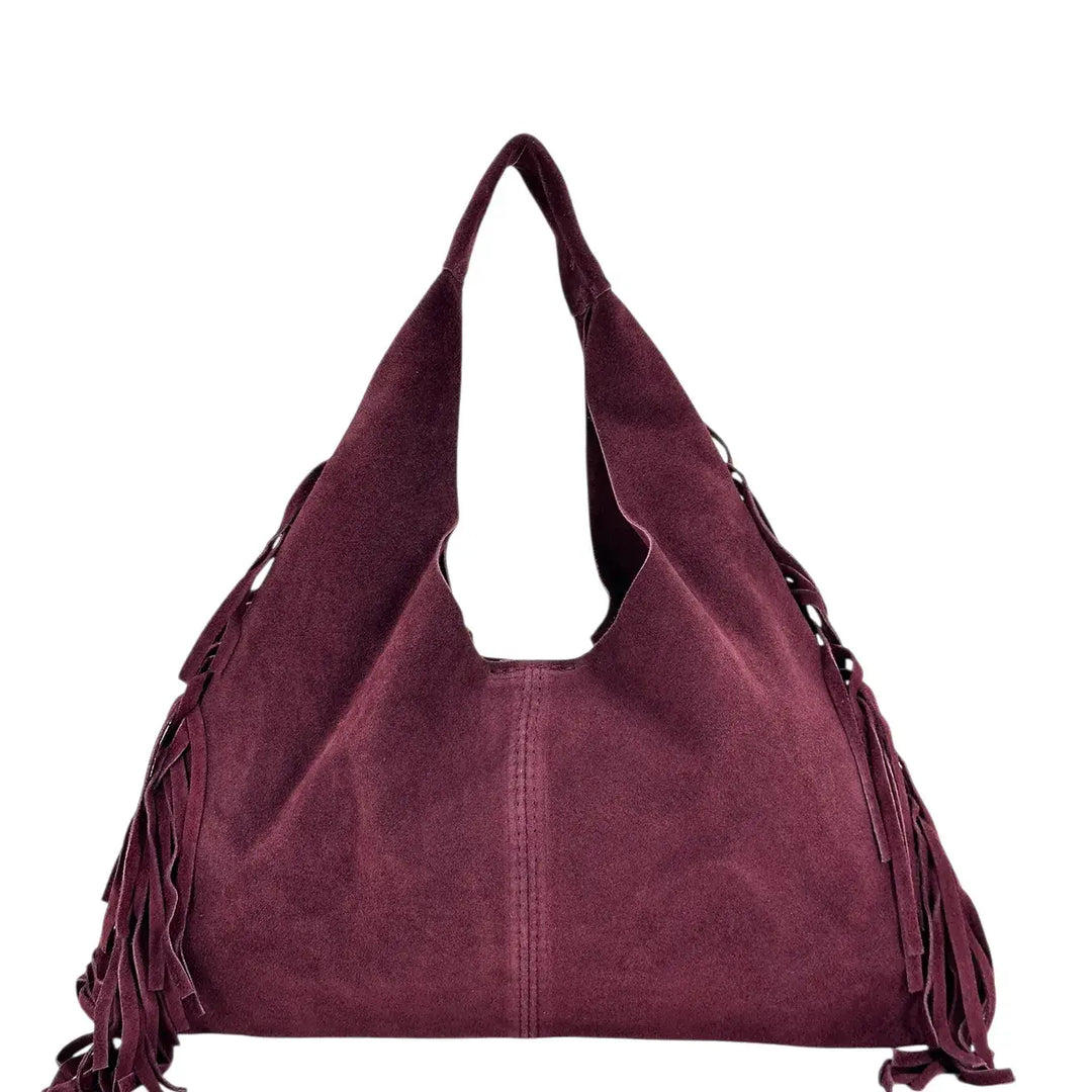 Bassini Borsa Donna in Pelle Scamosciata Burgundi con Frange Laterali e Tracolla Rimovibile