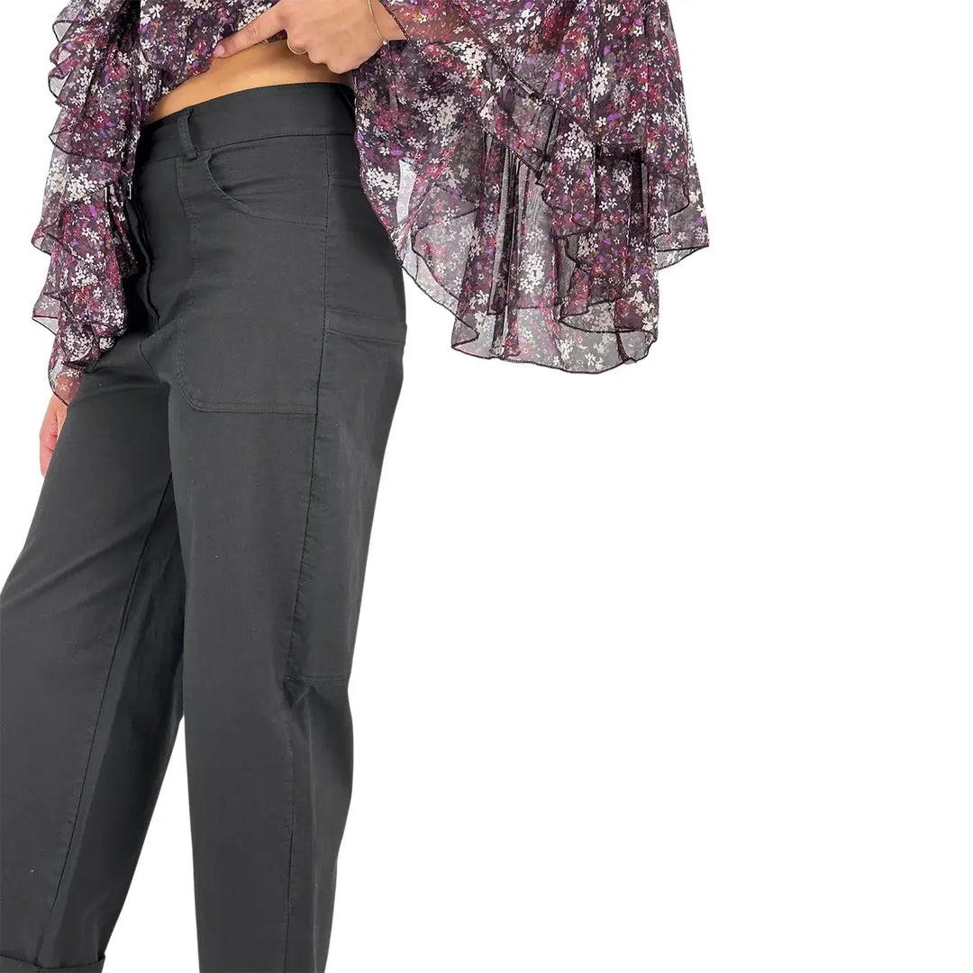 Bassini Pantaloni Donna Palazzo Nero Oversize in Tessuto Elasticizzato con Tasche a Toppa