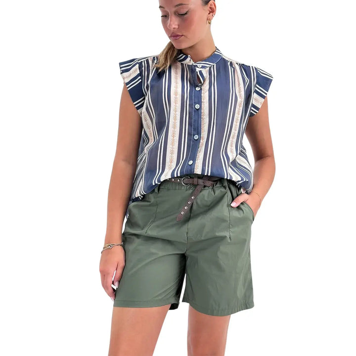 Bassini Blusa Donna Blu Beige Rigata Smanicata con Nodo Frontale e Scollo Coreano