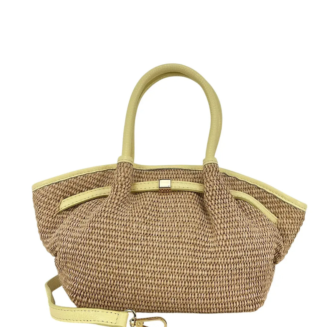 Bassini Borsa Donna in Raffia e Pelle Gialla con Due Manici e Tracolla Rimovibile