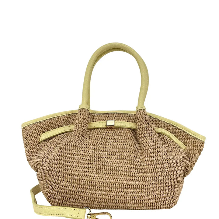 Bassini Borsa Donna in Raffia e Pelle Gialla con Due Manici e Tracolla Rimovibile