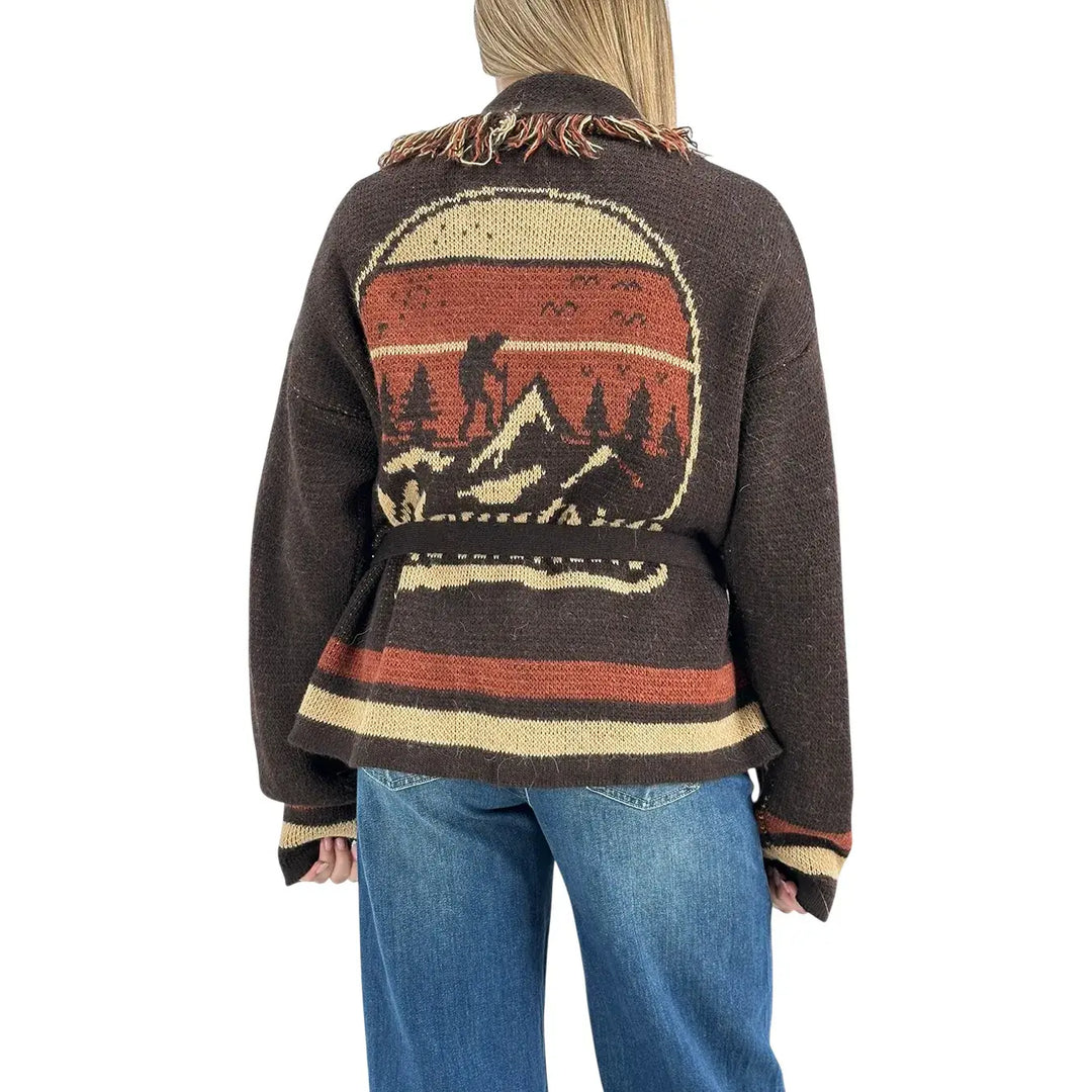 Bassini Cardigan Donna Aperto Cioccolato e Terra di Siena con Cintura in Maglia e Ricamo Mountain